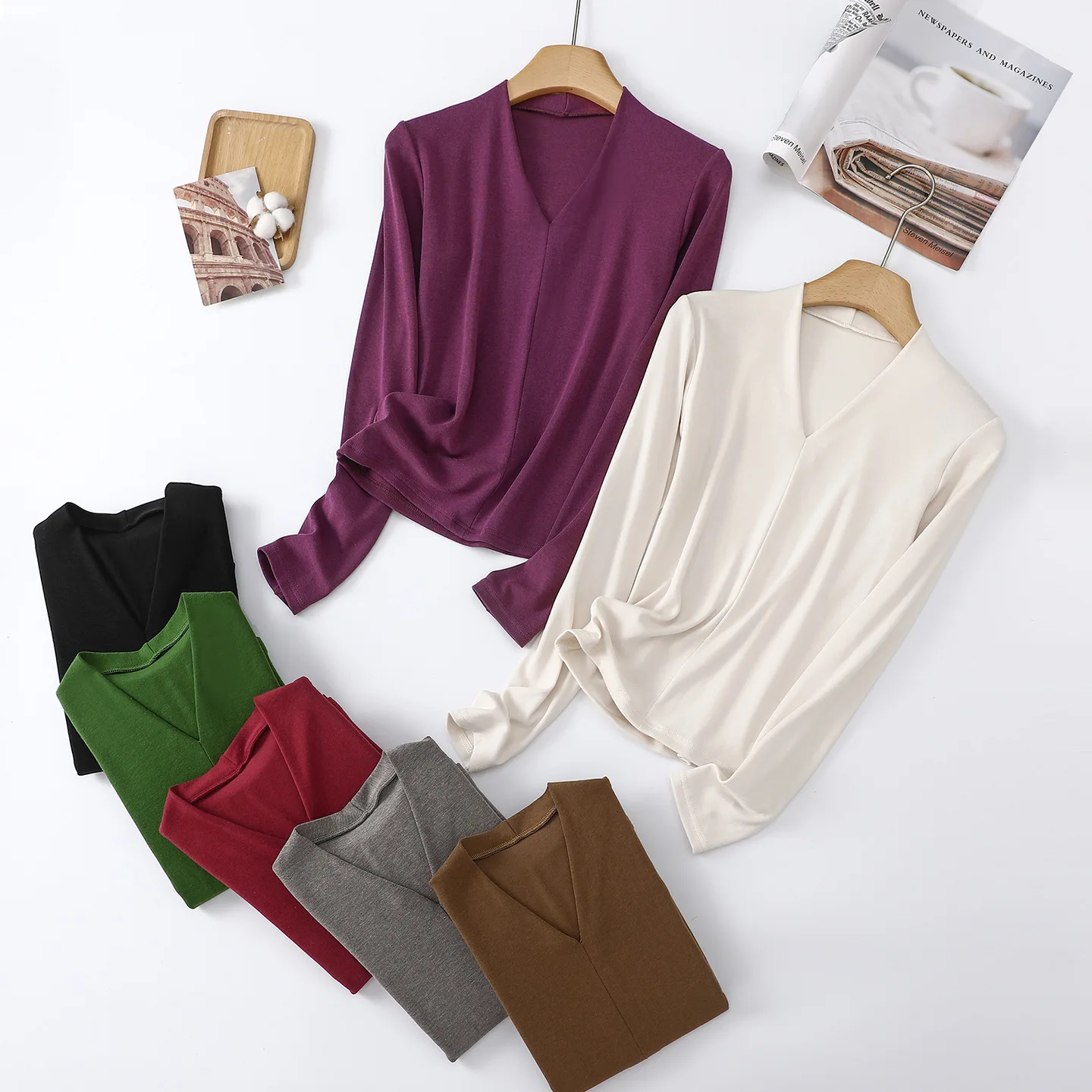 

Women's Long Sve Fce Lined V-Ne T-irt Slim Fit Base Layer irt Commute Sle Korean Version Winter Collection