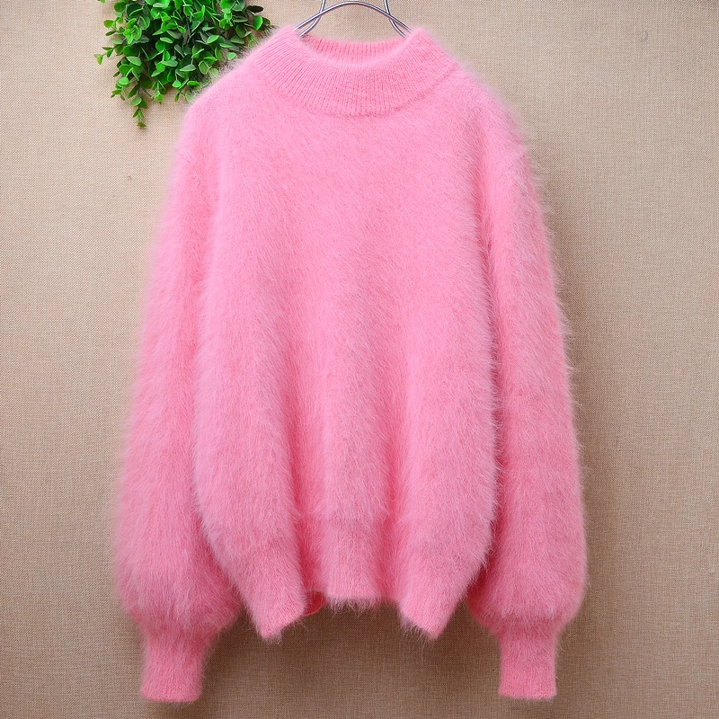 Women Mujer Autumn Winter Hairy Mink Cashmere Knitted Long Sleeves Turtleneck Long Sleeves Slim Blouses Pullover Sweater Jumper