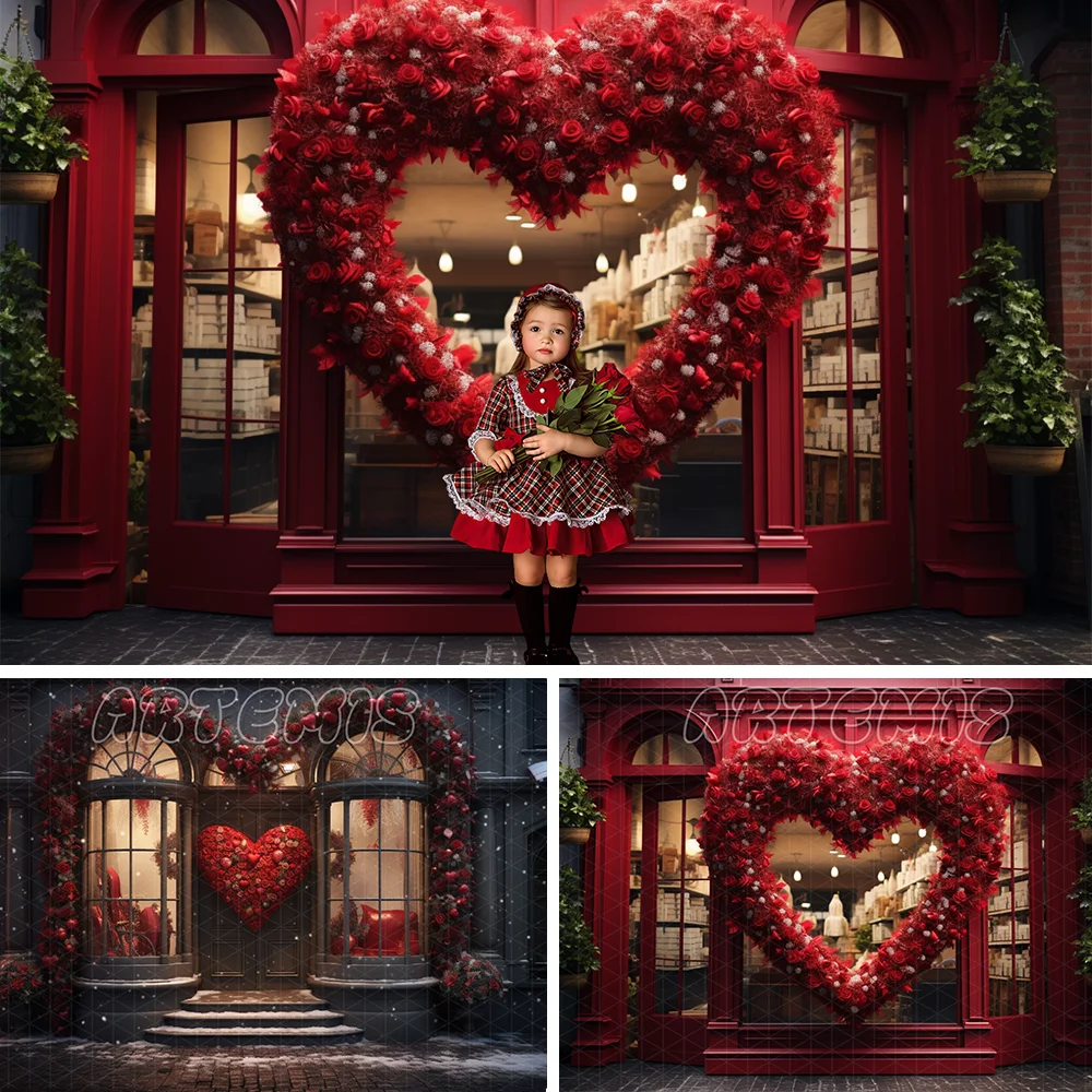 Valentine's Day Backdrop Heart Shape Wreath Red Store Window Door Romantic Love Kid's Birthday Portrait Background Photo Studio