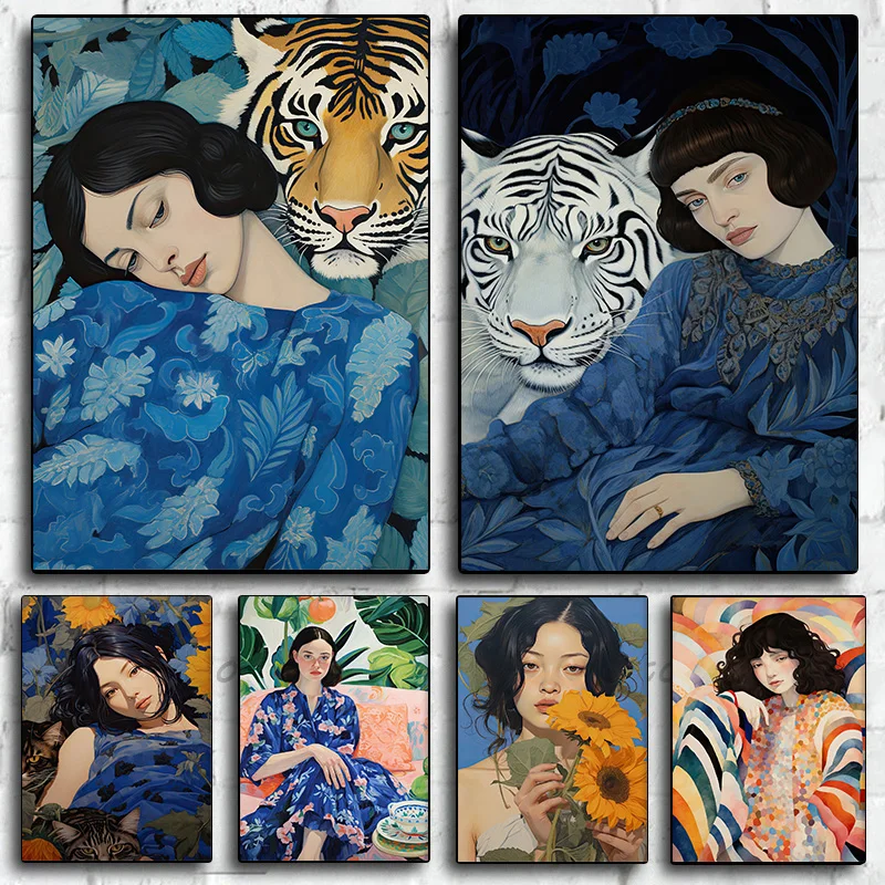 Woman Kimono Botany Romantic Asian Sunflowe Tiger Blue Poster Print Wall Art Pictures Canvas Painting Living Room Home 