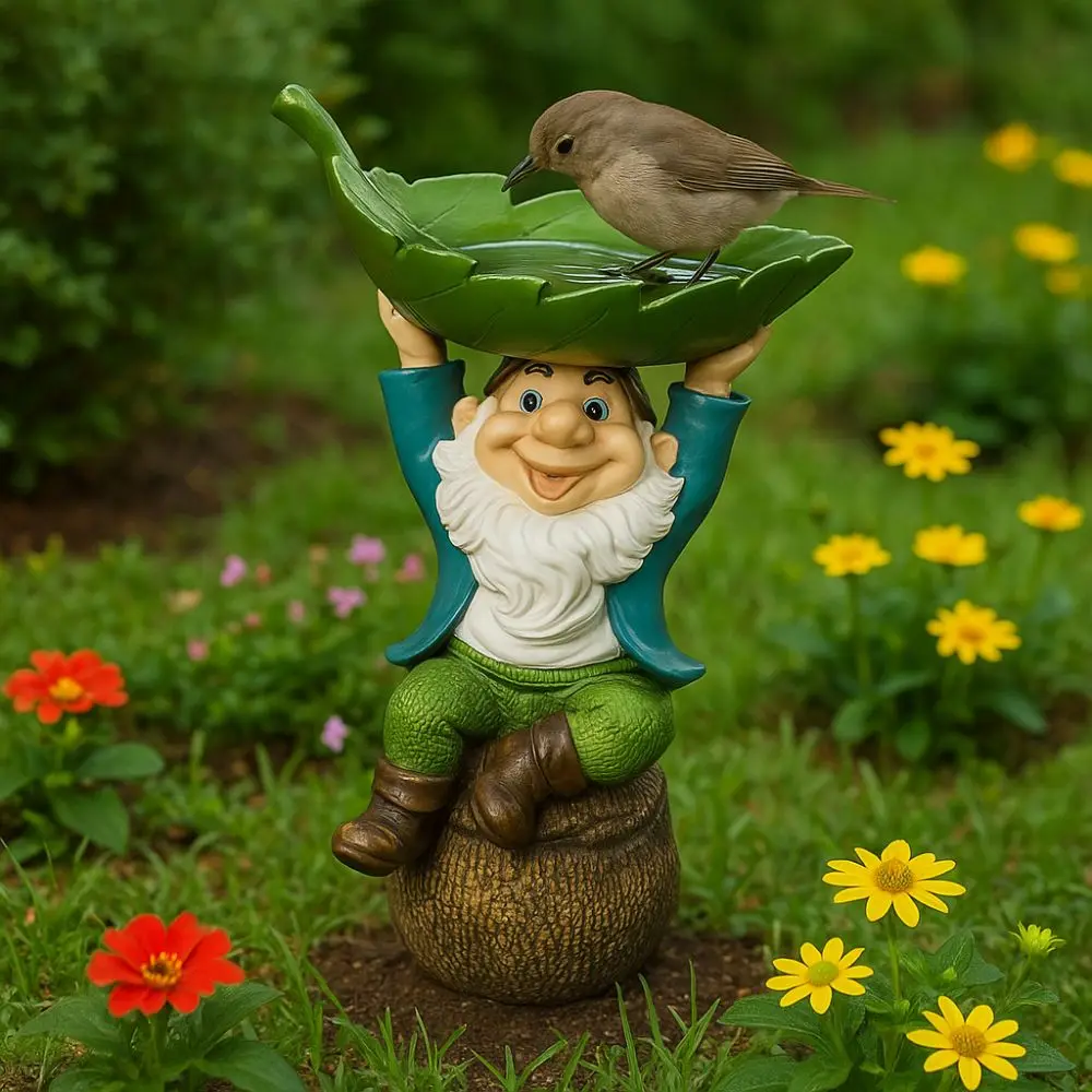 

Unique Cartoon Dwarf Sculpture Holding Leaves Resin Garden Gnome Statue Fun Bird Bath Garden Decor