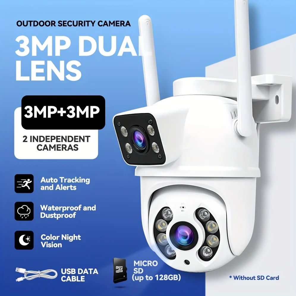 

Двойной объектив HT 3 МП 360 ° PTZ Wi-Fi камера безопасности - 2,4G Открытый IP66 Водонепроницаемый 2-сторонний аудио отслеживание движения Цвет ночного видения