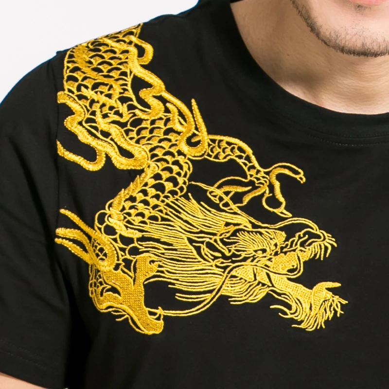 Golden Dragon Embroidery Men Cotton T-Shirt 2024 New Casual Summer Tops Short Sleeve Tee Shirts Black / White