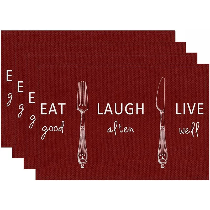 VIKAMA Linen Placemats Eat Laugh Live Cutlery, Burgundy White, Stain Resistant Easy to Clean, Dining Table Kitchen