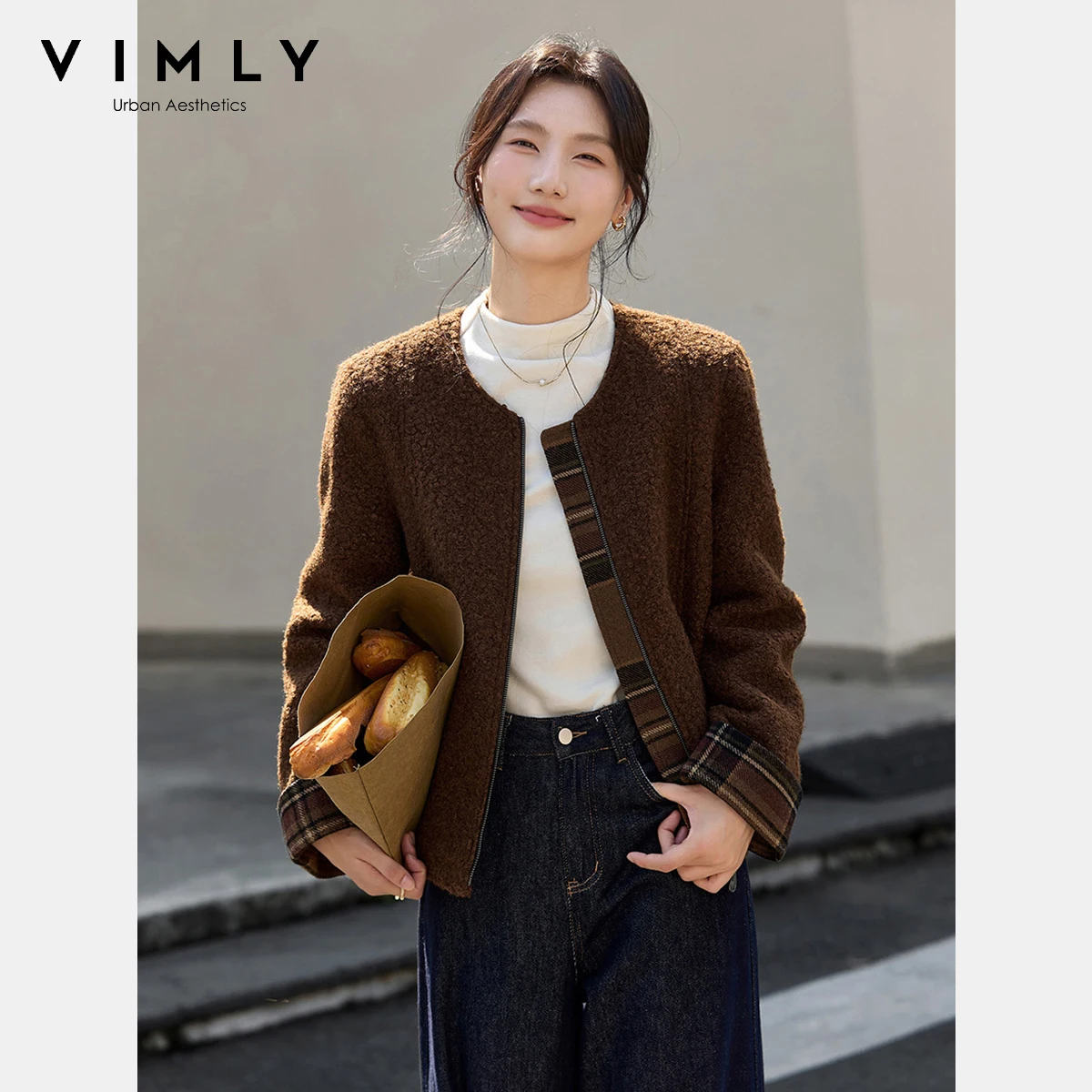 

VIMLY женская короткая стеганая куртка коричневого цвета 2025, зимнее повседневное лоскутное пальто с круглым вырезом, винтажное свободное женское пальто на молнии A2902