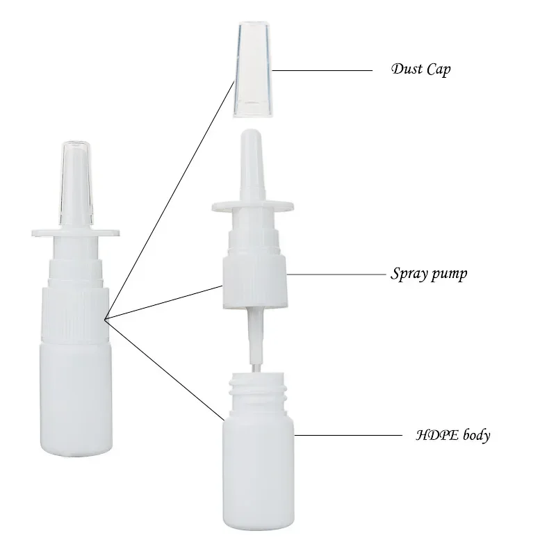 50pcs 10/15/20/30ml White Empty Plastic Nasal Spray Bottles Pump Sprayer Nose Spray Refillable Bottle Packaging 50ml 60ml