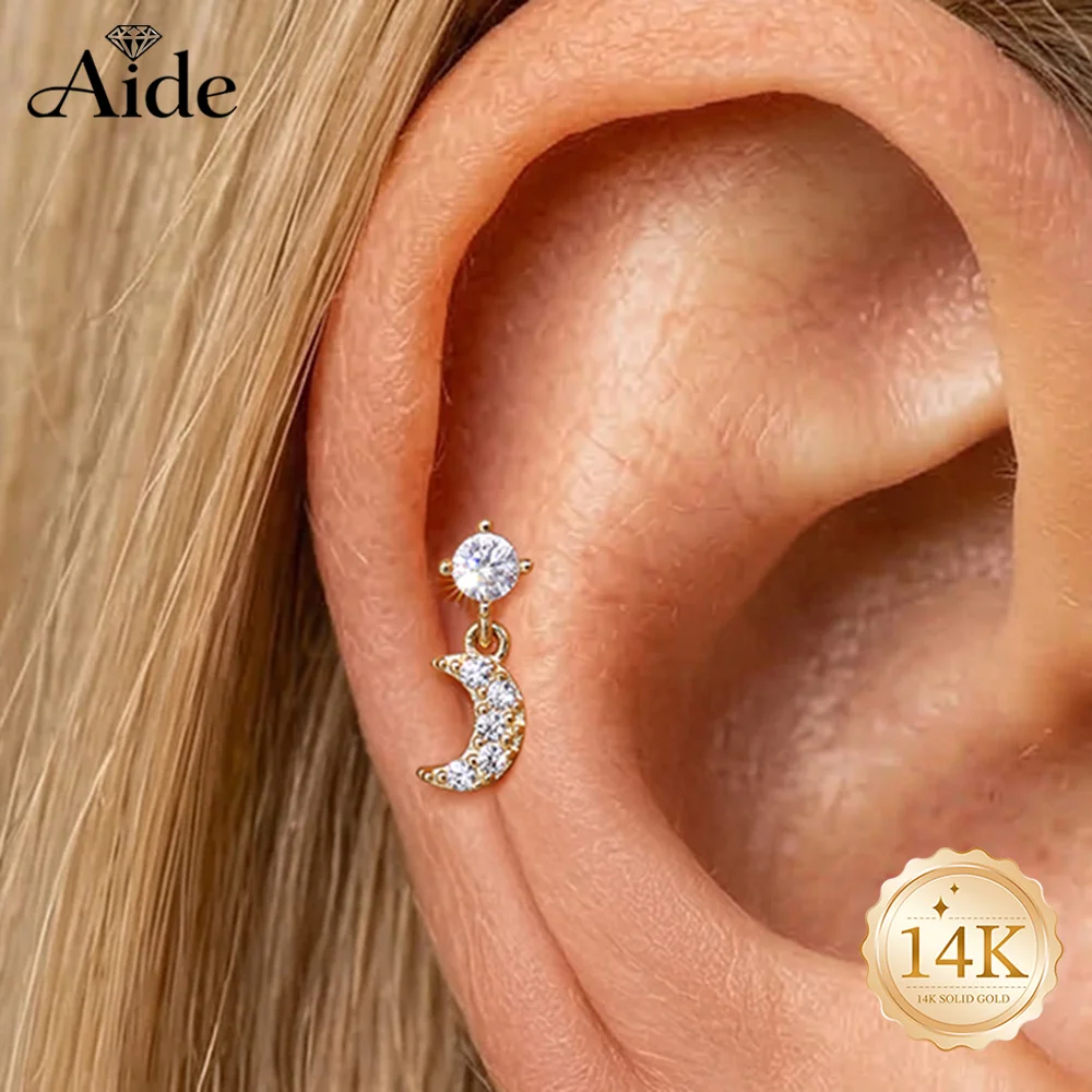 

AIDE 14K Solid Gold Simple Moon Pendant Piercing Earrings For Women Dainty Luxury Ear Bone Earring Anniversary Gifts