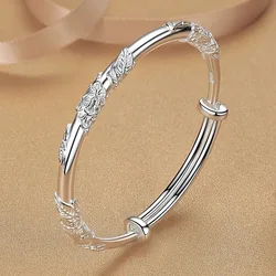 Adjustable Bracelets Bangles for Women Vintage Ethnic Style Carve Flower Leaf Charms Bangles Party Silver Color Jewelry Gift