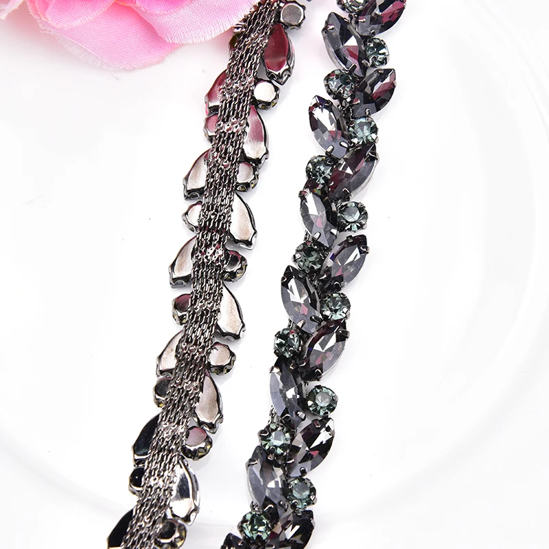 1 Yard 1.5Cm Wide Gun Color Rhinestone Chain Horse Eye Round Crystal Flower Shape Trims Diy Decoration Belt Clothing Shoes Bags