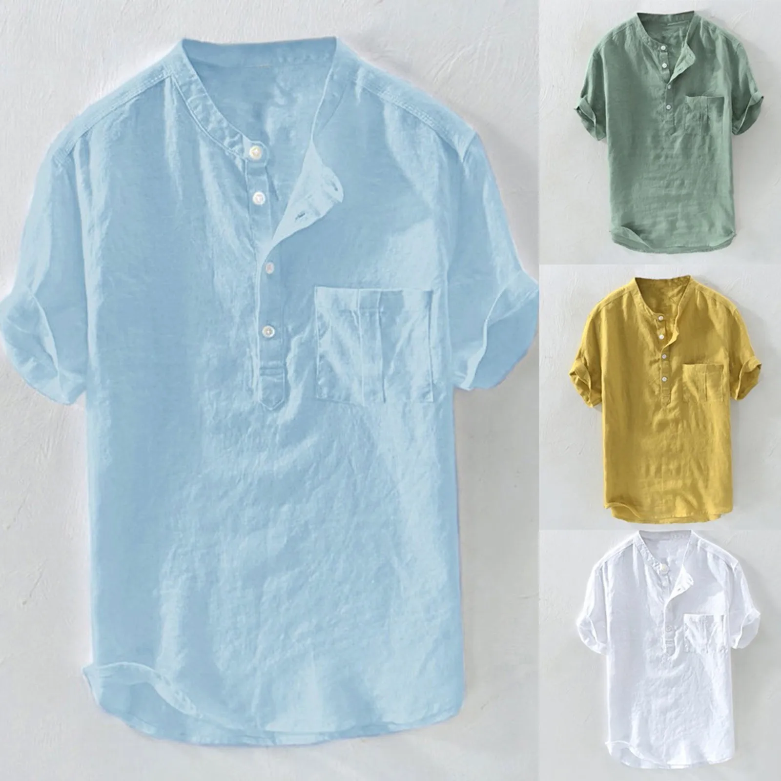 

Men's Cotton Linen Casual Shirts Stand Up Collar Short Sleeve Button Blouses Solid Color Simplicity Large Size Loose Tops