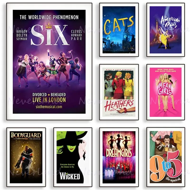 Vintage Broadway Musicals \'Dreamgirls\', \'Six\', \'Heathers\' Poster Print Canvas Wall Art for Home Decor