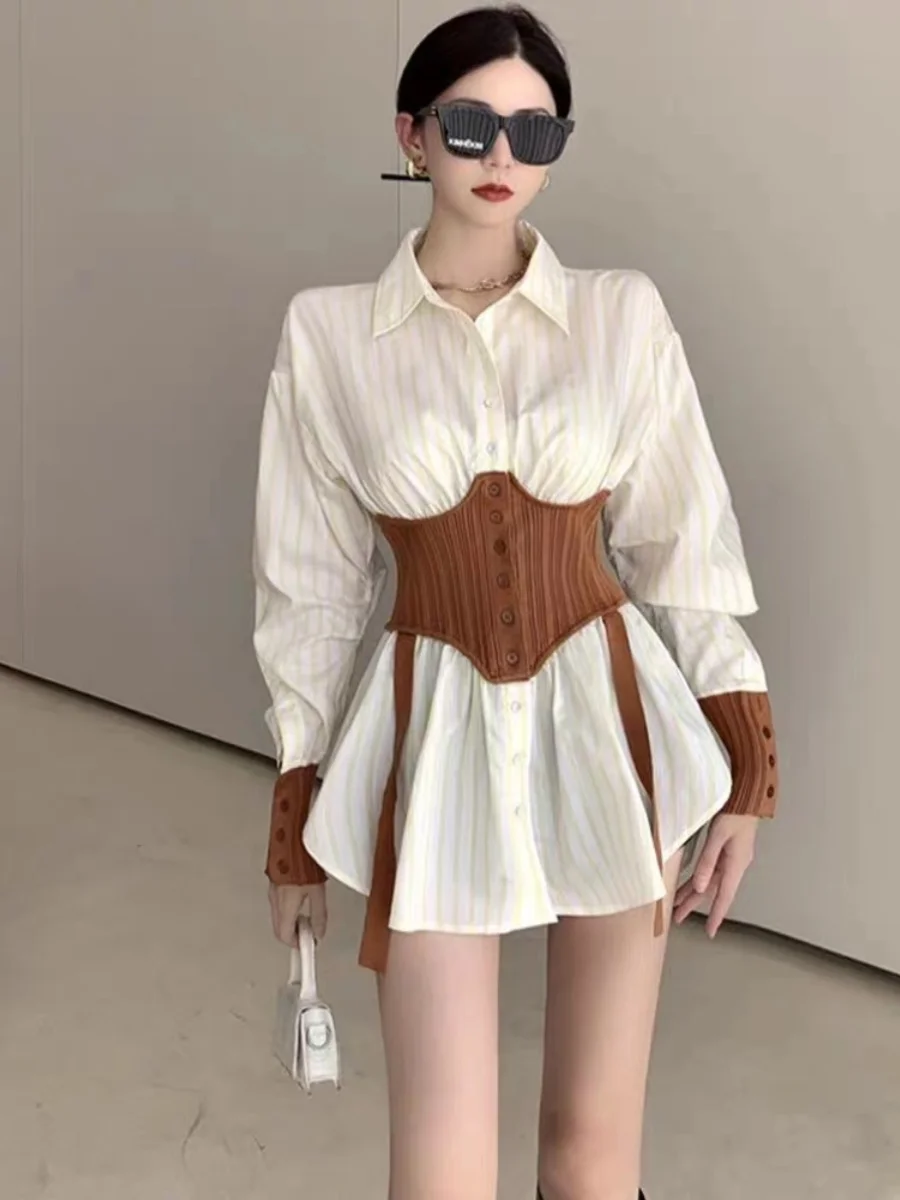 

False Two Piece Yellow Shirts Female Spring Autumn Color Blocked Single-breasted Striped Shirt Temperament In The Long Top