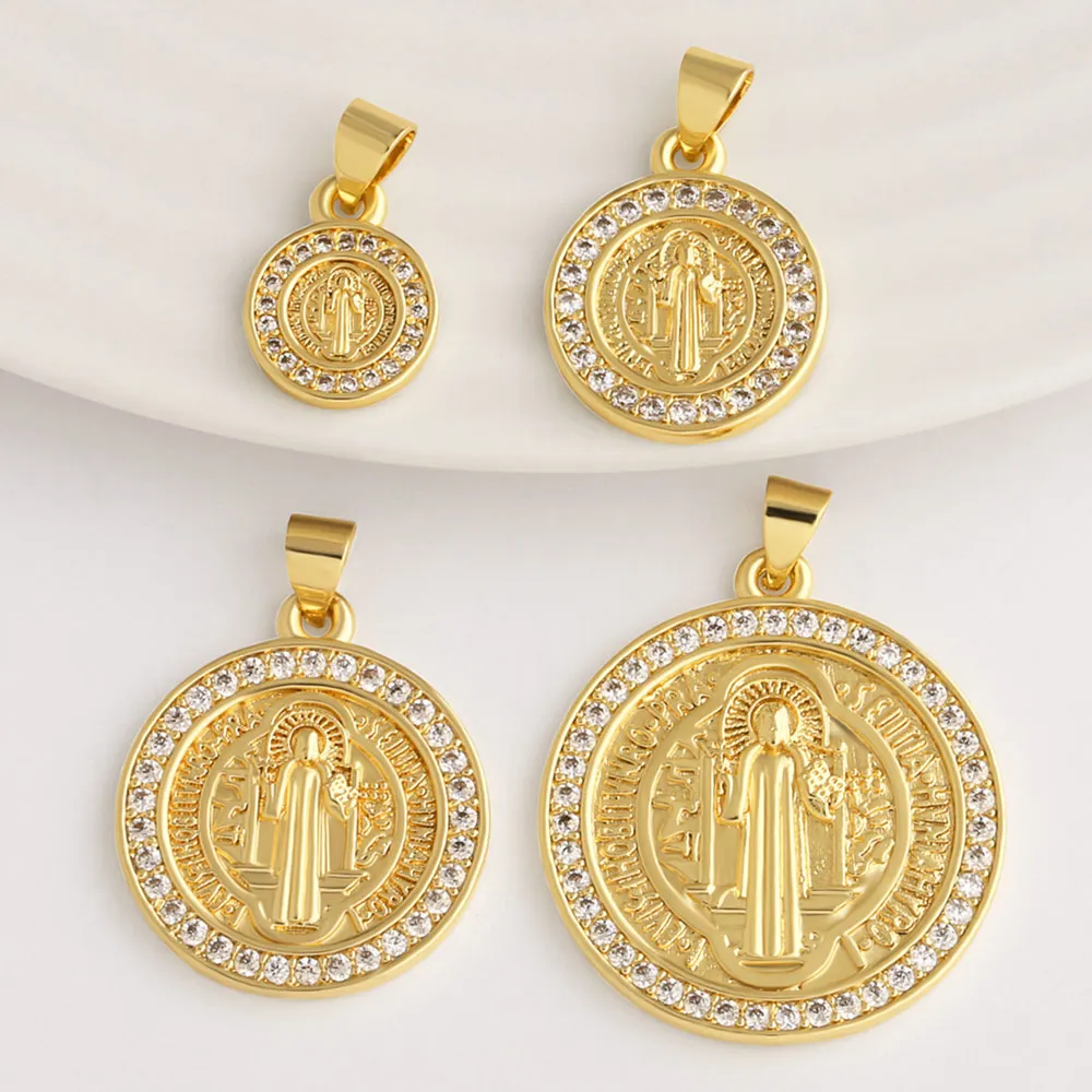 OCESRIO San Benito Pendant Copper Gold Plated Zircon Catholic Saint Benedict Medal for Necklace Jewelry Making Crafts pdtb989