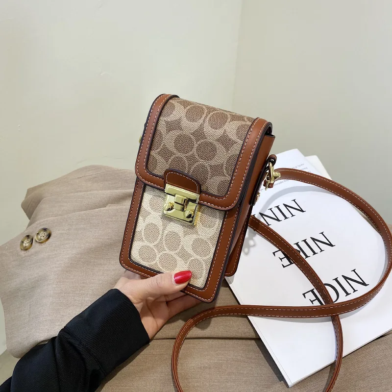 Retro Classic Vertical Single‑Shoulder Mobile Phone Bag New Print Trend Crossbody Purse Dual‑Color Pink Brown Mini Shoulder Bag