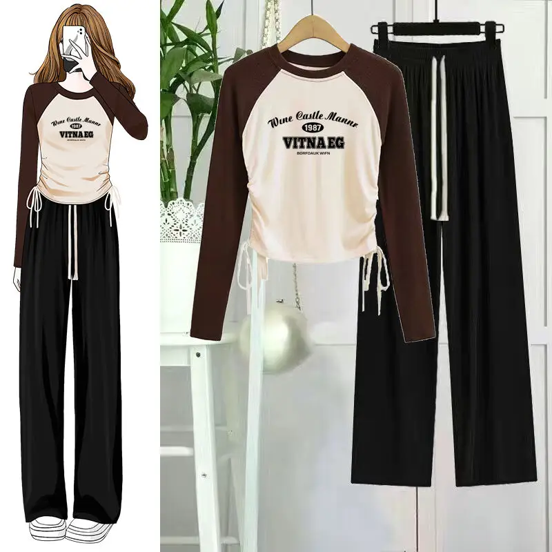 Spring and Autumn New Korean Edition Design Sense Double Drawstring Long Sleeved Top+High Waist Wide Leg Pants Two Piece Set