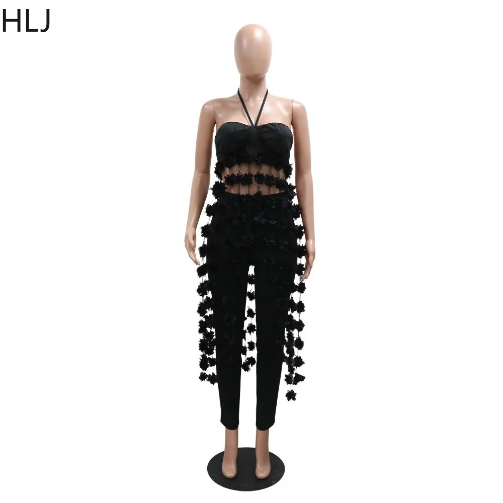 HLJ Sexy Halter Tassels Hollow Out Two Piece Sets For Women Sleeveless Backless Tube And Skinny Pants Outfits Fashion Clubwear