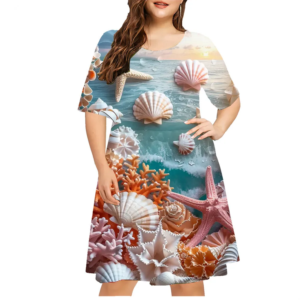 Plus Size Sundress Loose Beach Holidays Dresses For Women Casual Shell 3D Printed Short Sleeve Dress Summer Fashion Clothing 9XL