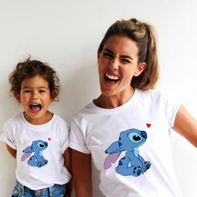 Family Look Disney Stitch T Shirt Mother and Kids Matching Outfits Fashion Streetwear Mom and Daughter Son Family Clothes Tops