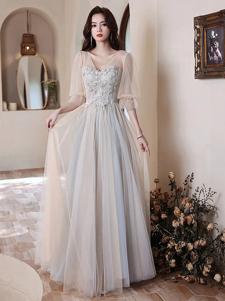 Vestido de dama de honor bordado de lujo para mujer, vestido de fiesta de boda, vestidos de princesa delgados de tul con hombros descubiertos, vestido de noche Formal