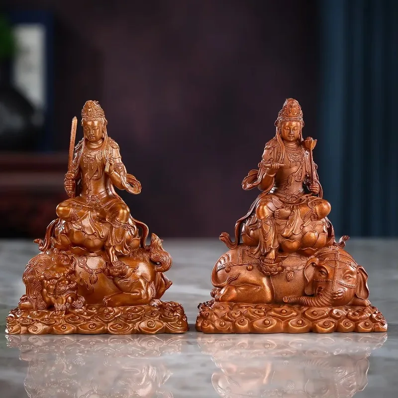 FX-8  Copper Manjushri Puxian Bodhisattva Seated Statue Home Office Desktop Mini Huayan Sansheng Buddha Crafts