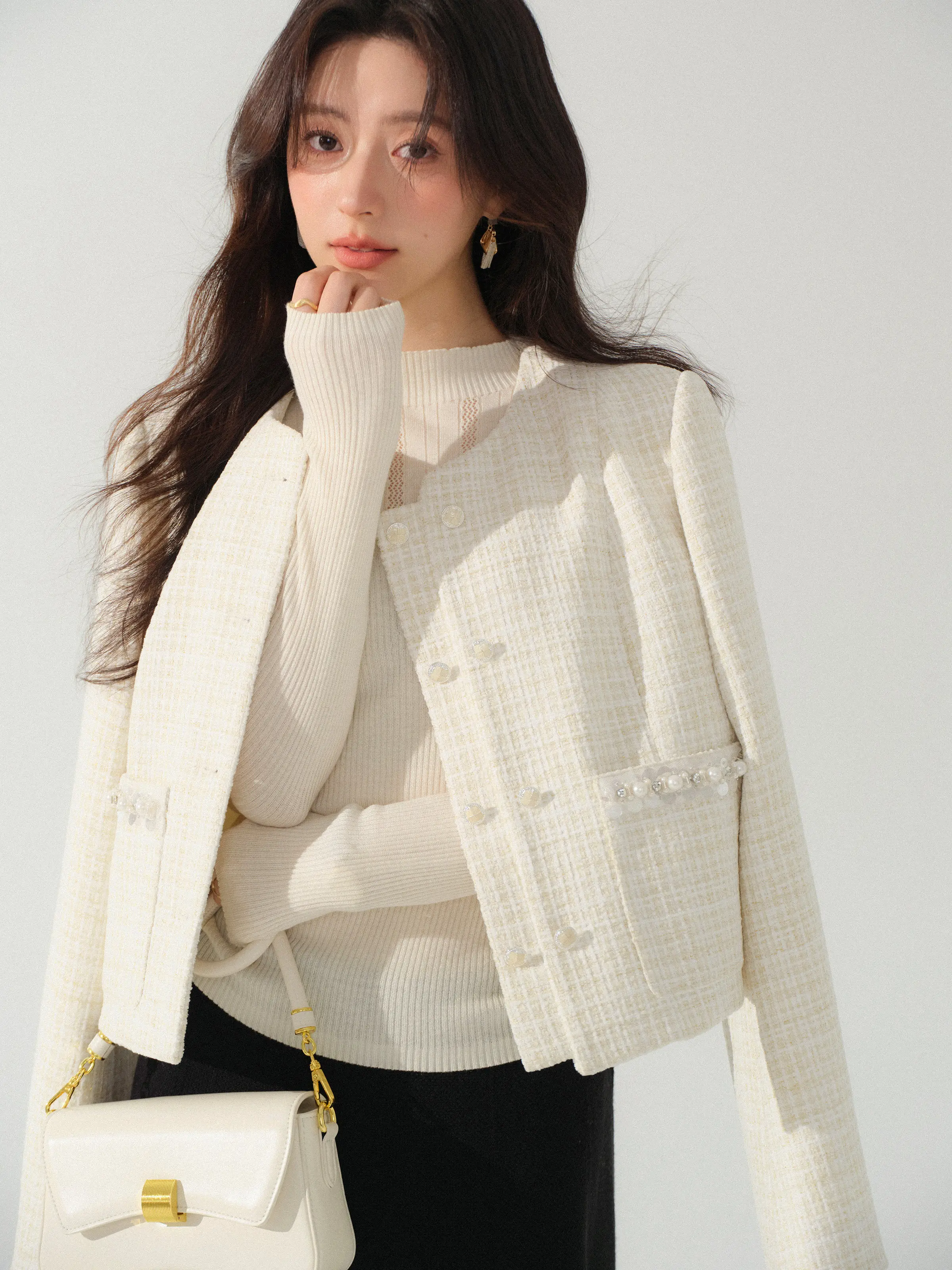 Women Elegant Textured Tweed Cropped Jacket Lady Chic Short Blazer Top Petite Friendly Spring Casual Office Commuter Outwear