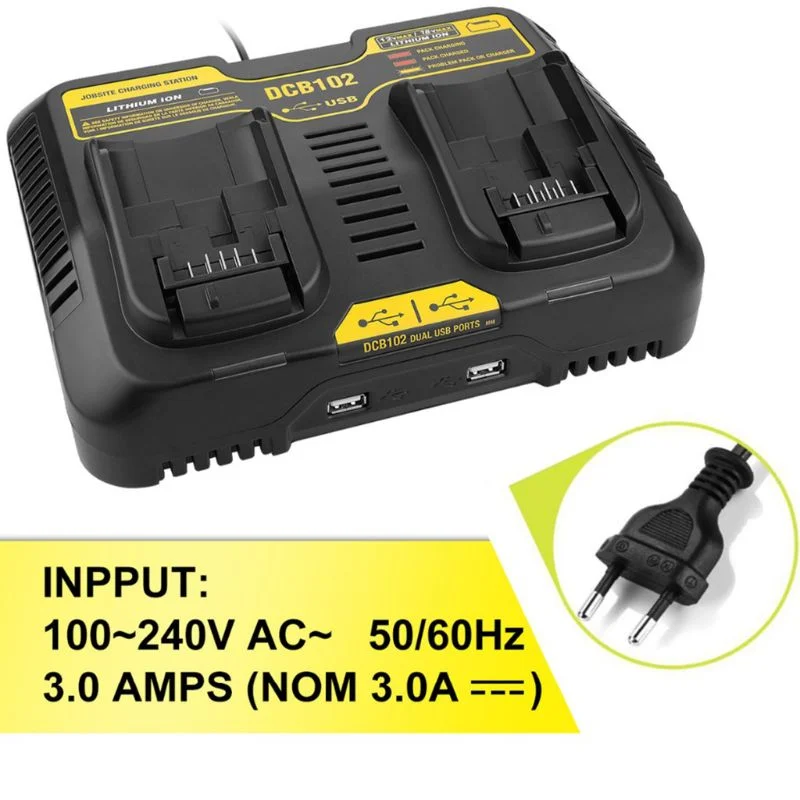 

Fast charging DCB102 Li-ion Battery charger For DeWalt 12V 14.4V 18V 20V DCB105 DCB200 double charging postion with USB Port