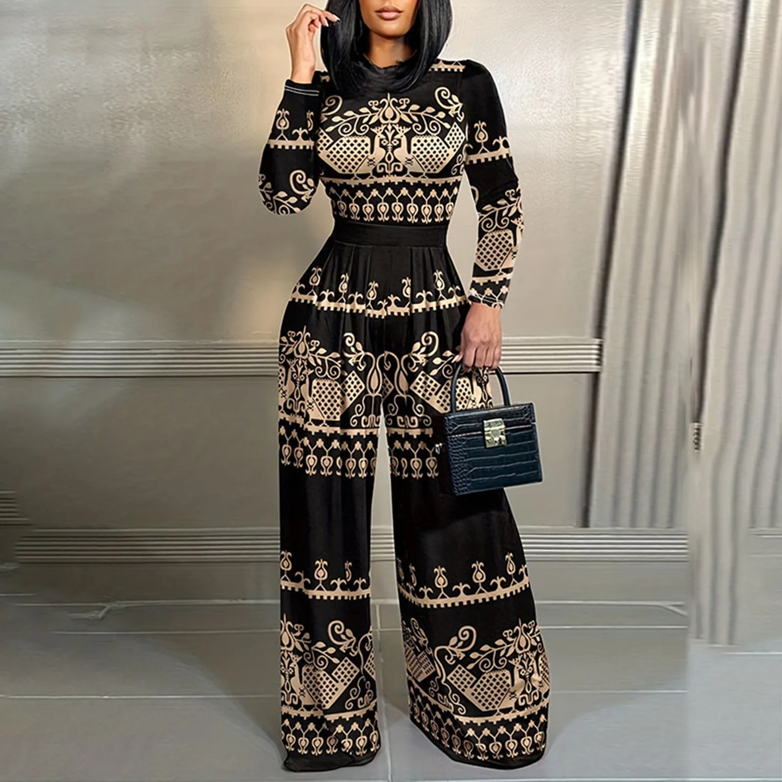 2024 New Elegant Jumpsuit For Women Long Sleeve Stand Collar Wide Leg Rompers Ethnic Style Autumn Jumpsuits monos largos