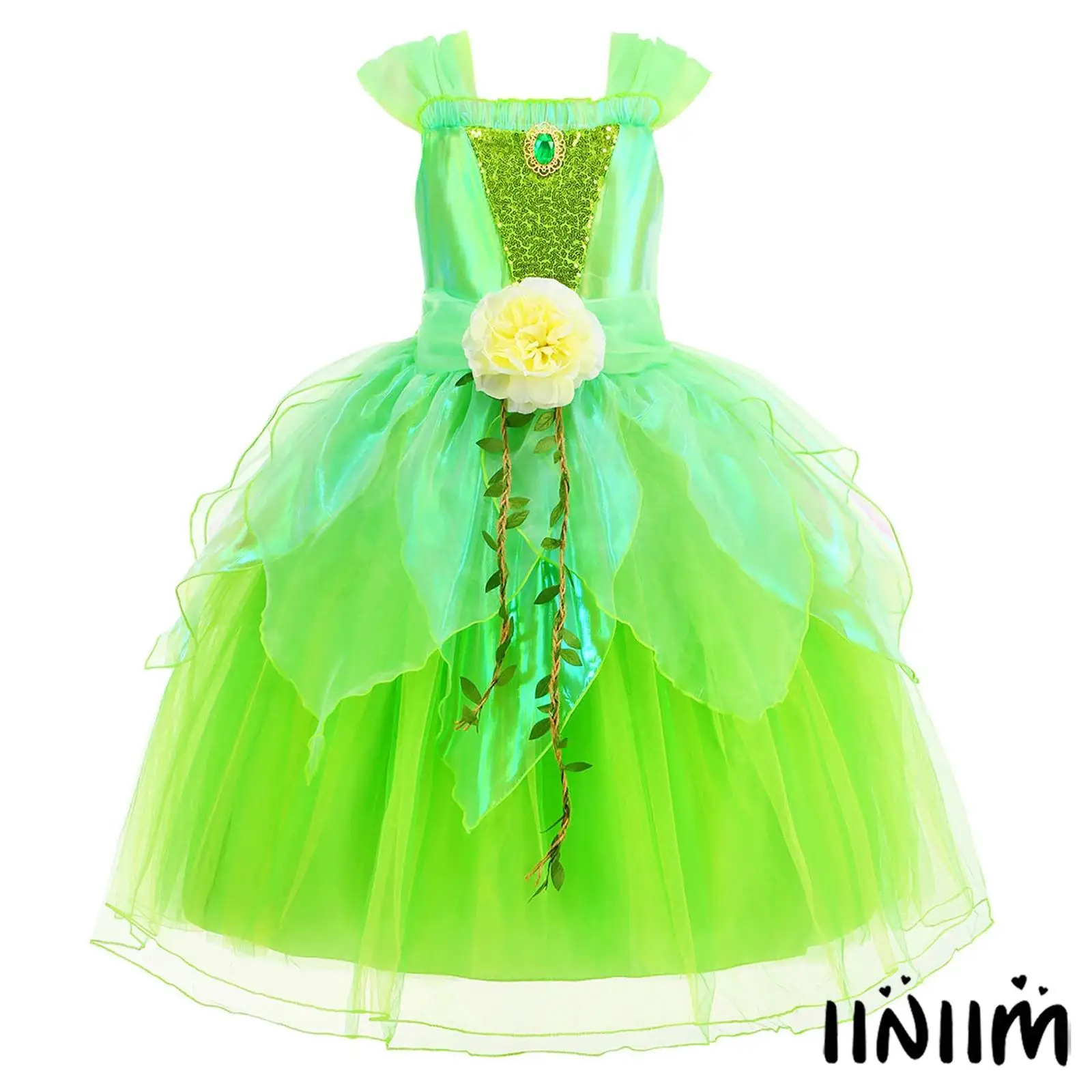 

Kids Girls Elf Princess Dress Sequins Sleeveless Waist Flower Rattan Decor Puffy Dress for Birthday Party Halloween Costume