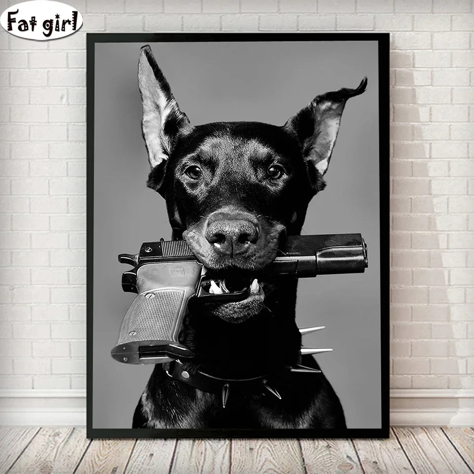 DIY Diamond Embroidery Modern Black White Doberman Gun Luxury Fashion Cross Stitch Diamond Painting Animals Dog Handicraft Art