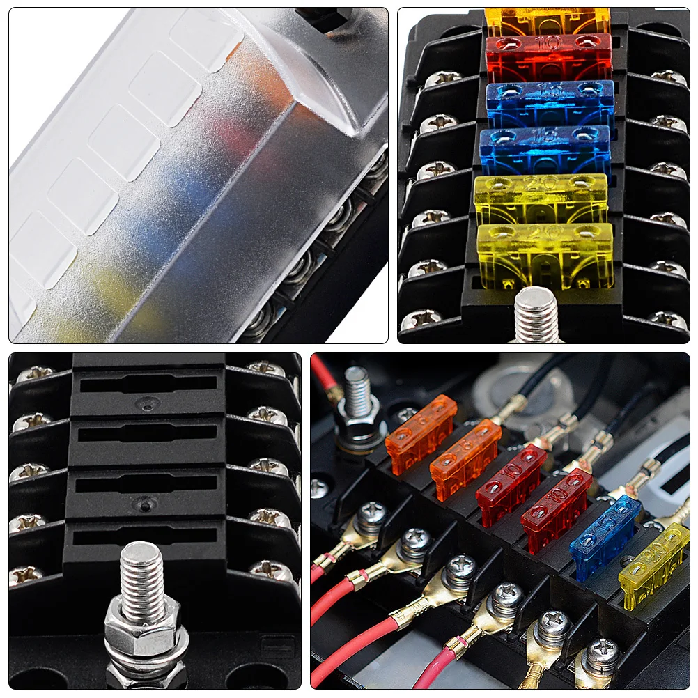 

Car Fuse Box 6 Ways Flame Retardant Pa66 Material Nickel Plated Copper Clips Double Sticker Labeled Self Tapping