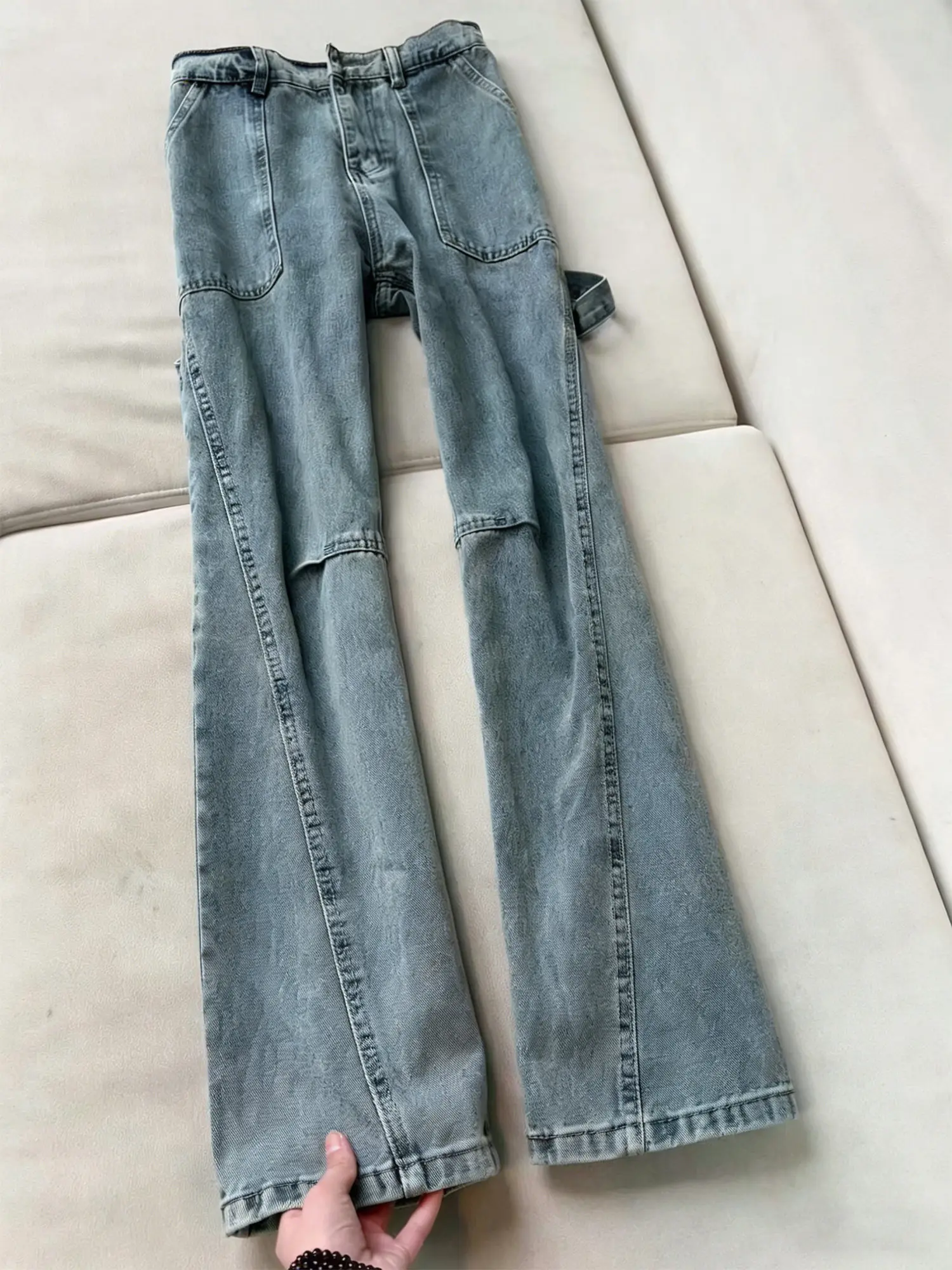 

American Style Blue Slanted Cut Cowboy Jeans Men's Spring High-End Feel Vibe Workwear Micro Flare Pants Slim Straight Long Pants