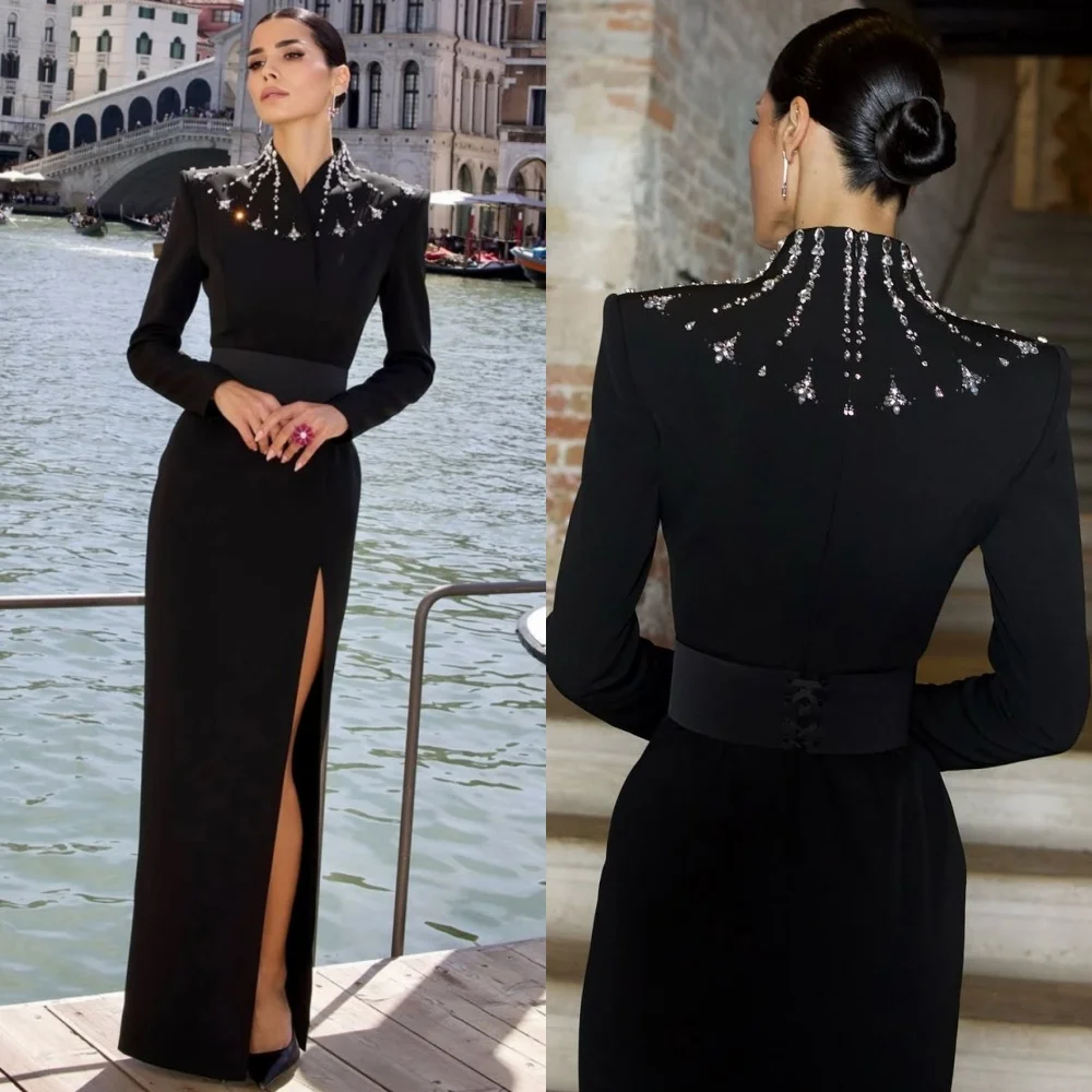 Customized Formal Casual Jersey Sequined Straight High Collar Long Dresses Bespoke Occasion Matching Retro