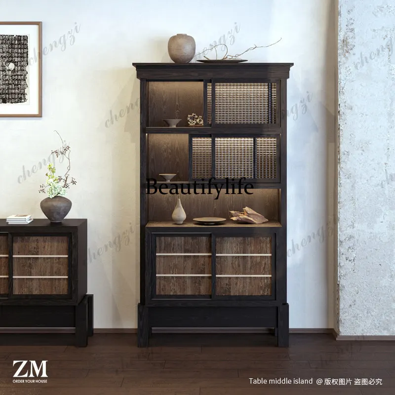 Wabi Sand Windshield Display Cabinet Chinese Restaurant Cafe Wall Cabinet, Moxibustion Agarwood Display Cabinet
