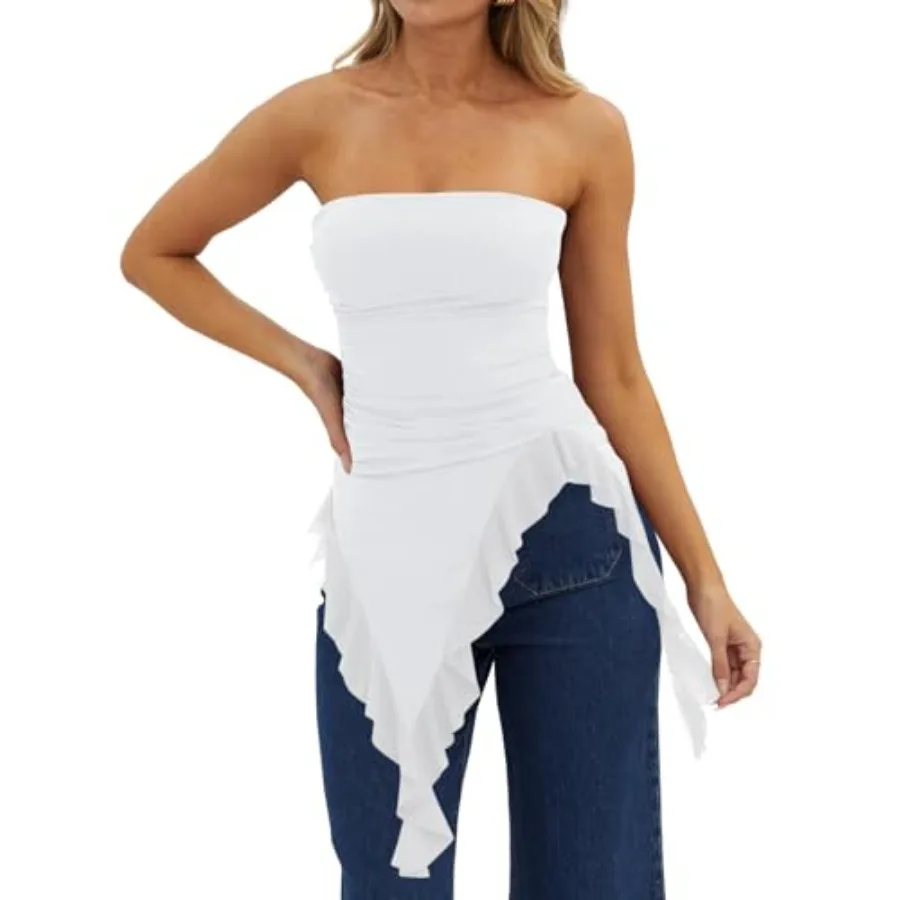 

Womens Strapless Tube Tops Summer Asymmetrical Long Ruched Mesh Shirts Cute Y2k Ruffle Hem Going Out Bandeau Top