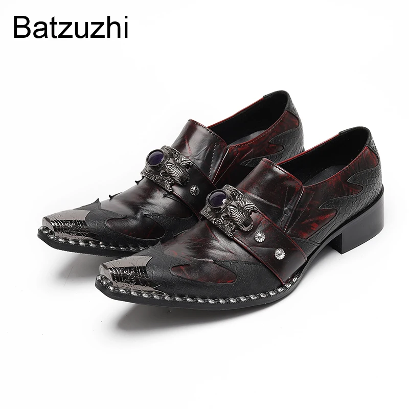 

Batzuzhi Wine Red Men's Shoes Slip on Leather Dress Shoes Men Pointed Metal Toe Fashion Business, Party and Wedding Shoes Man
