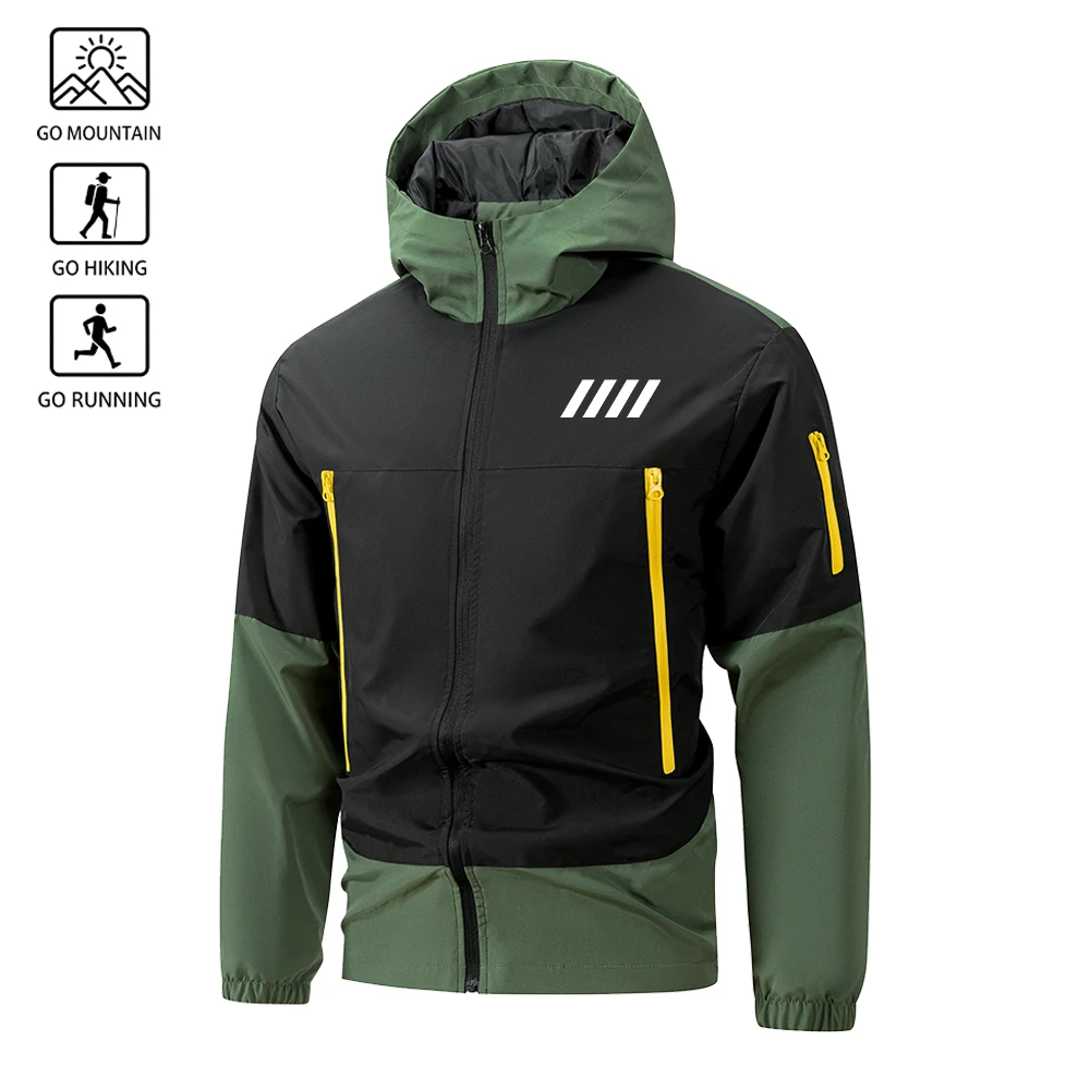 Herrenjacke mit diagonalem Streifenmuster, Reißverschluss, Kapuze, mehreren Taschen, Farbblock-Design, ideal als Windjacke für Herbstwanderungen, Camping und Sport. – Detail 1