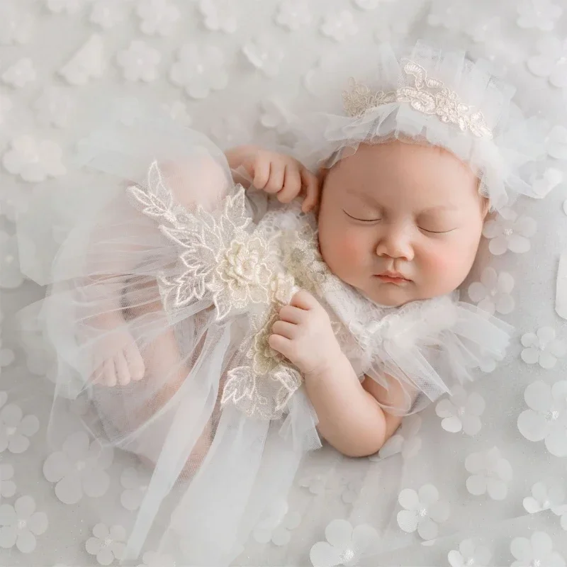 

Newborn Girl Mesh Romper Hat Set Baby Photo Photograph Props Lace Floral Outfits Fotografia Accessories