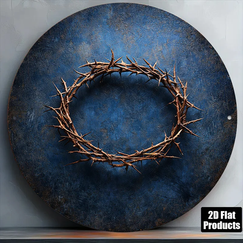 2D Flat, 1pc 1pcs Vintage Crown of Thorns Christ Plaque - 8x8in/20x20cm Round Wall Sign Suitable for Good Friday Decor, Church,,