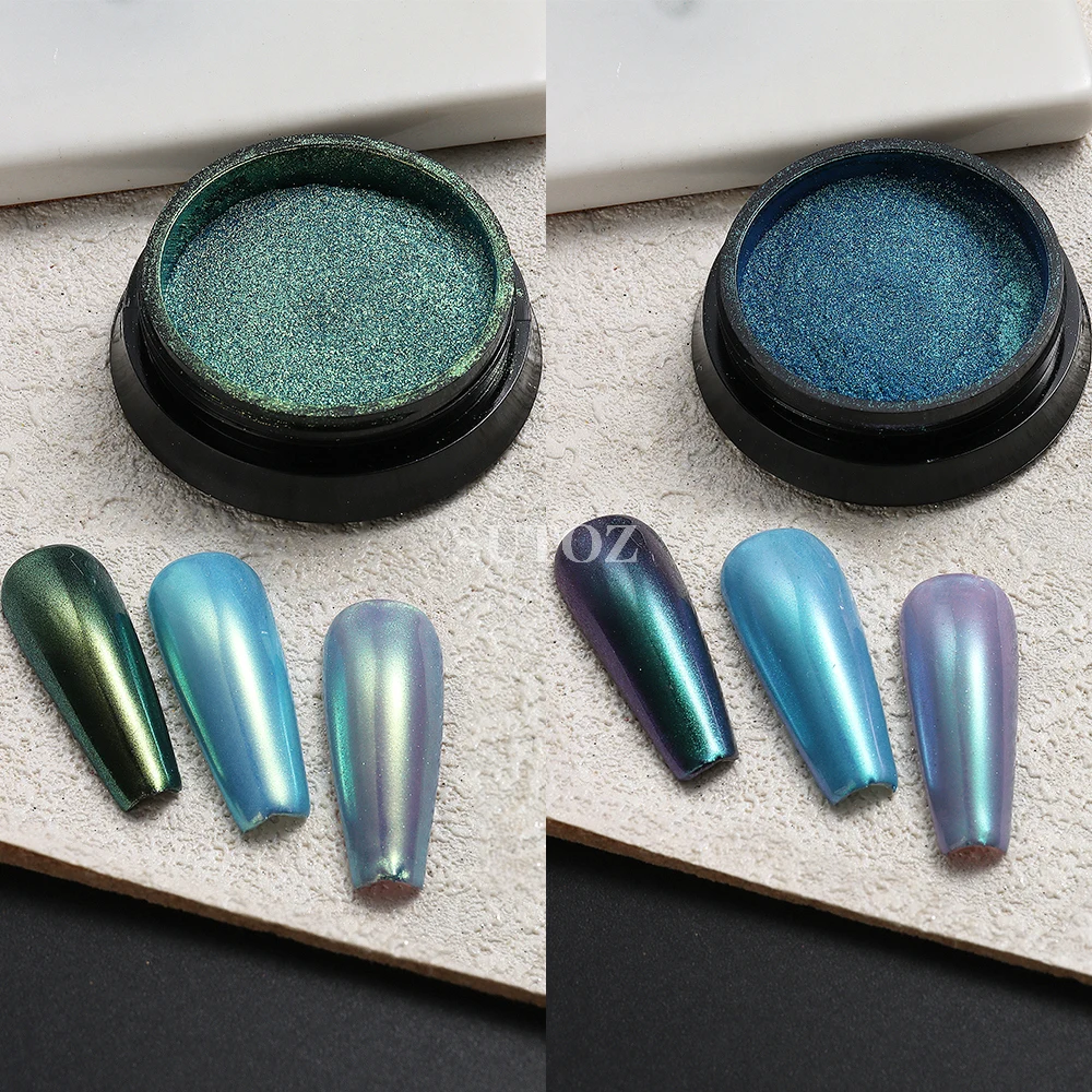 Polvo de cromo Aurora para uñas, polvo de frotamiento de sirena azul, efecto espejo camaleón para uñas, pigmento de brillo fino, Material de manicura BBX