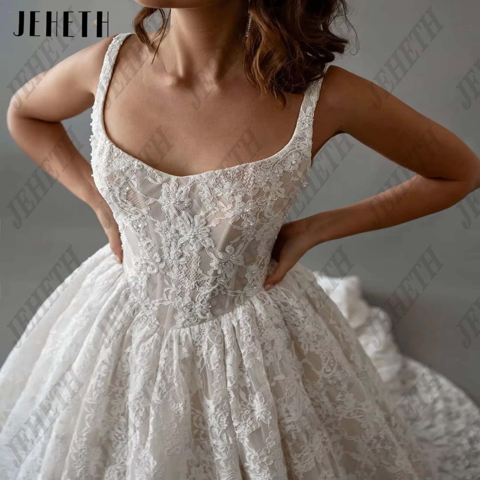 JEHETH  2025 lvory Lace Bride Gowns Spaghetti Straps A Line Sweap Train Wedding Dress Luxury Elegant Bridal Dresses Customized