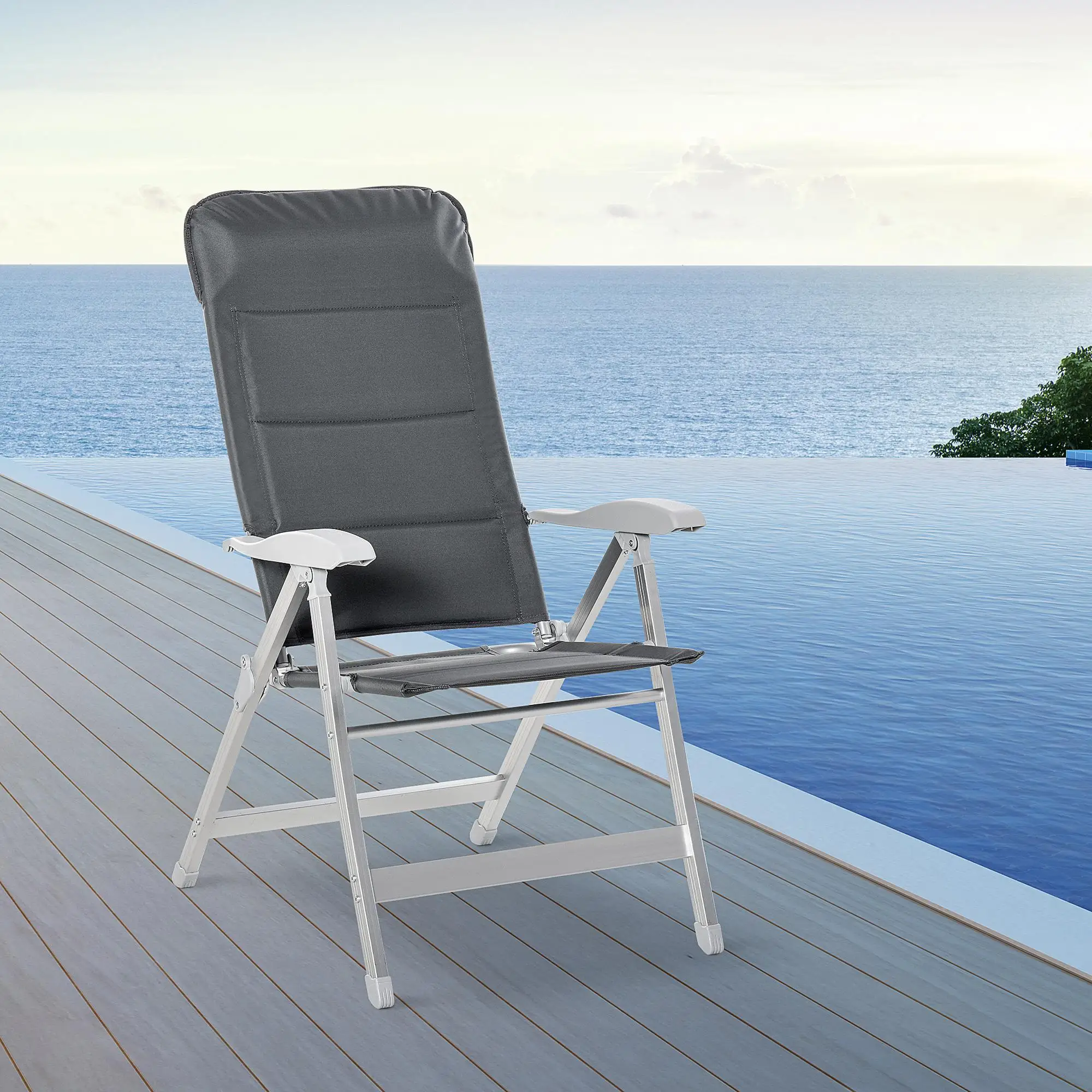 Silla de jardín plegable con respaldo ajustable en 7 posiciones, reposacabezas y reposabrazos, aluminio/oxford, 75x61,5x114,5 cm, gris