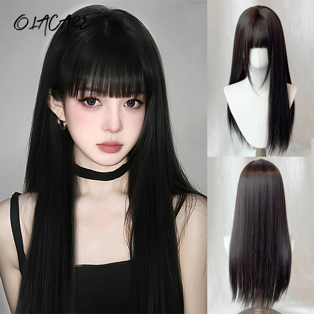 Perruques synthétiques longues et lisses avec frange, marron noir, pour cosplay, fête, Lolita, pour femmes, perruque naturelle résistante à la chaleur