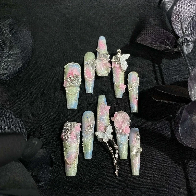 [Relic of Spring] Handmade Wear Nail Removable Nail Art Luxury Super Long T-Tip Green Pink Butterfly