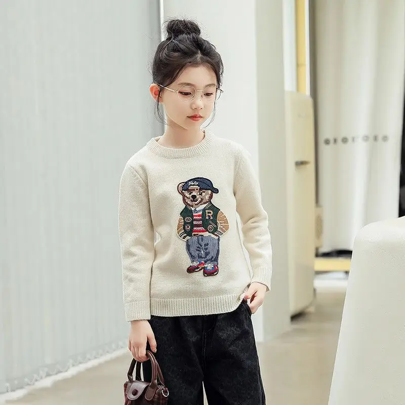 Autumn New Cartoon Teddy Bear Cute Headband Pullover Children Fashion Girls' Knitted Embroidered Round Neck Pullover Sweater