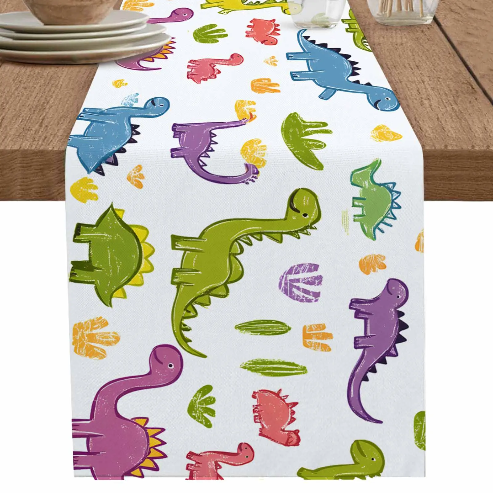 

Cute Cartoon Style Dinosaur Linen Table Runner Wedding Party Spring Table Runners Dresser Scarf Decor