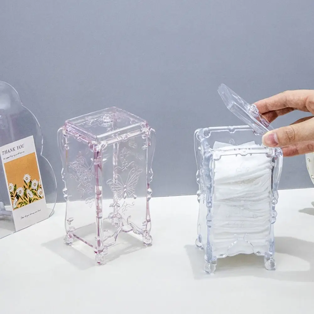 Transparent Design Cotton Pad Storage Box Pink Color Butterfly Pattern Nails Storage Box Organizer Case Cotton Pads Holder