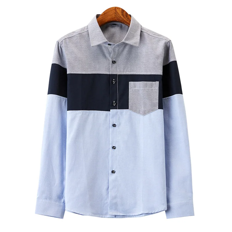 Korean Patchwork Long Sleeve Shirts Man Lapel Pocket Casual Button Up Blouse Cotton Breathable Slim Fit Trend Shirt Streetwear