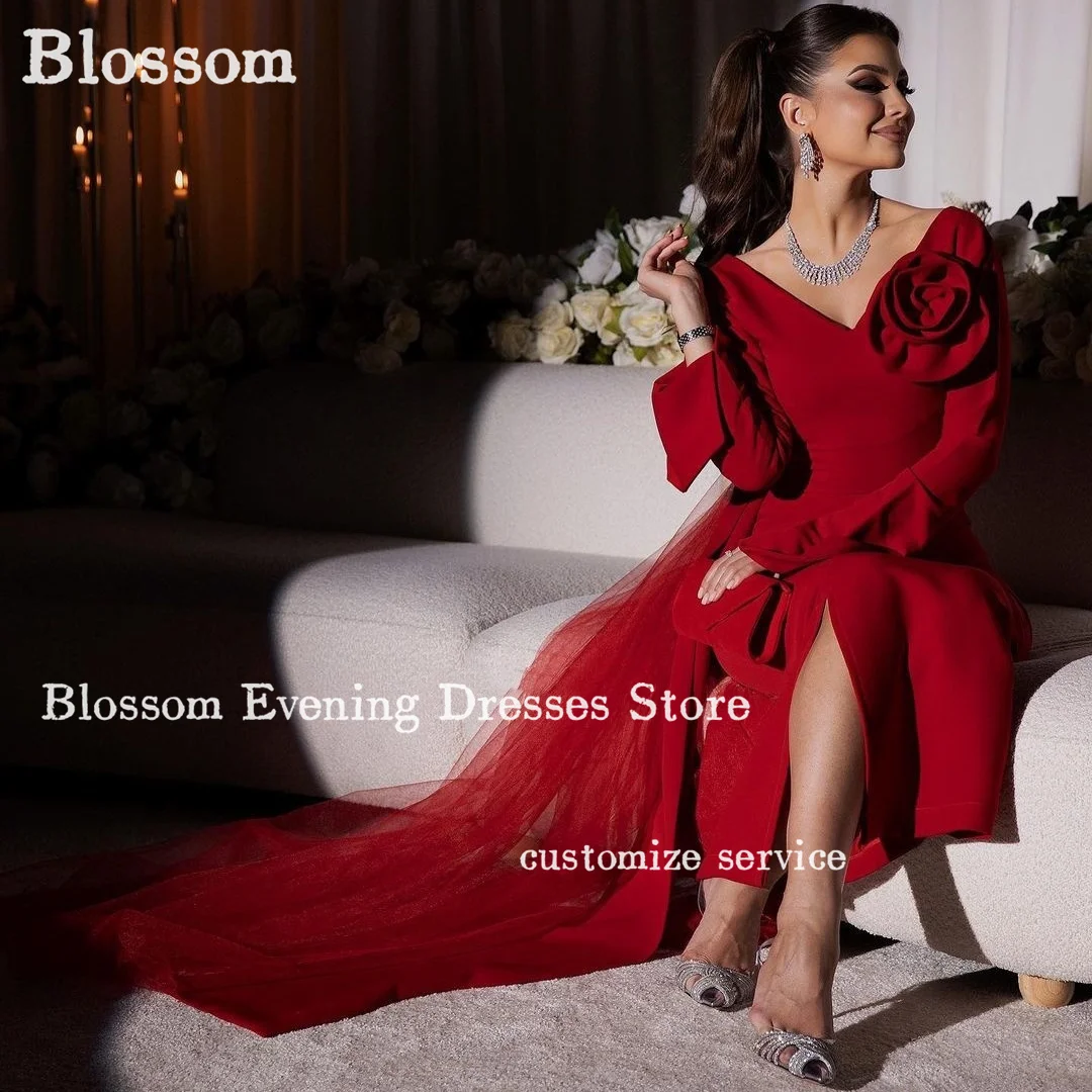 

V-neck Backless Long Evening Dresses For Prom Side Slit Ankle-length Long Sleeves Formal Dresses Party Gown vestidos de mujer