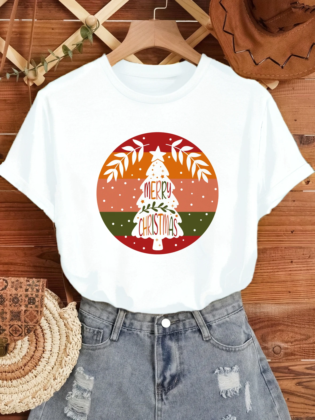 2025 Ronde kerstboom graffiti print tops Casual Zomer Junior Dames T-shirt Comfortabele Mode Tee voor Vrouwen Onder 24