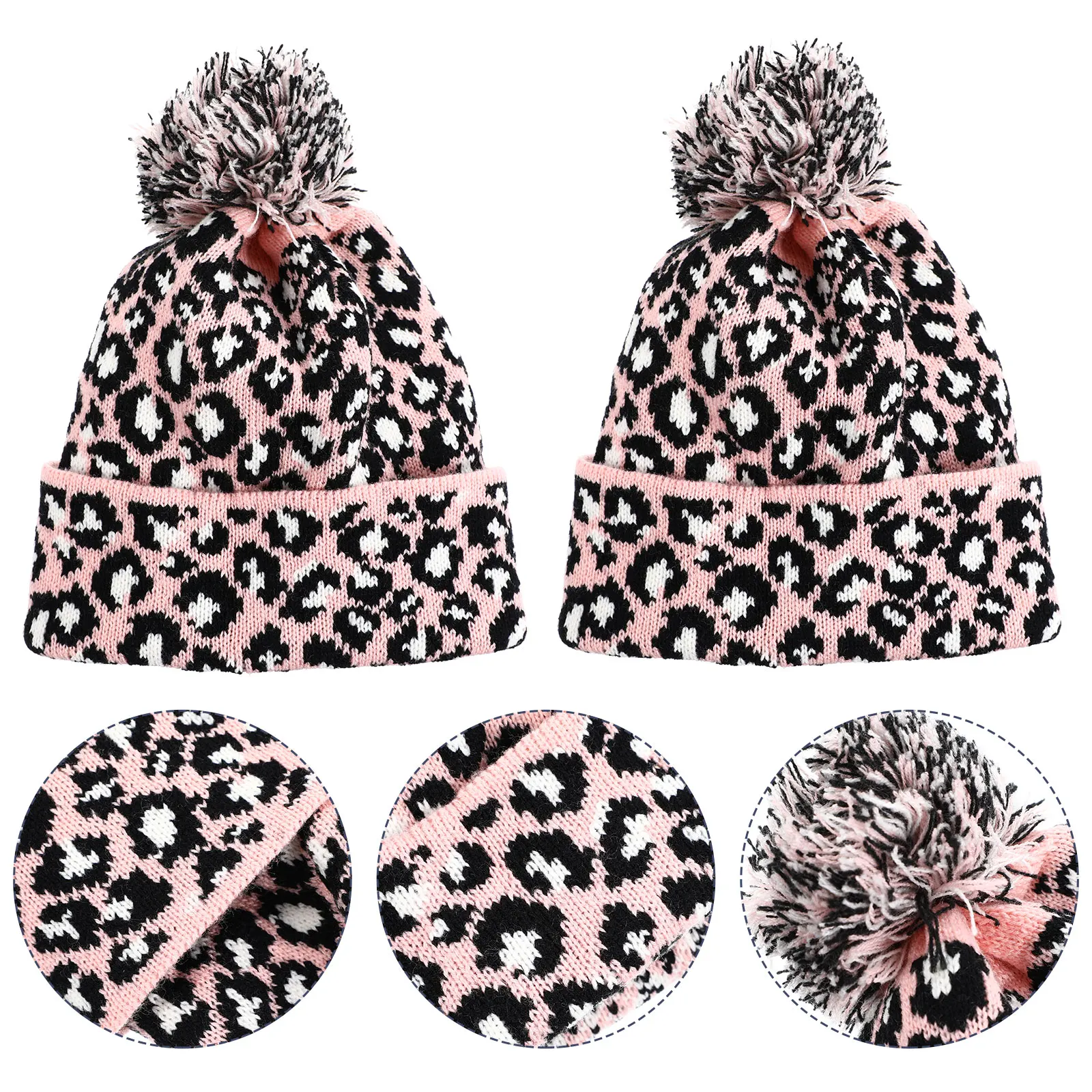 

Leopard Print Warm Winter Wool Hats for Women Knitted Beanies Soft Texture Easy Clean Safe Not Shed Hair Christmas Family